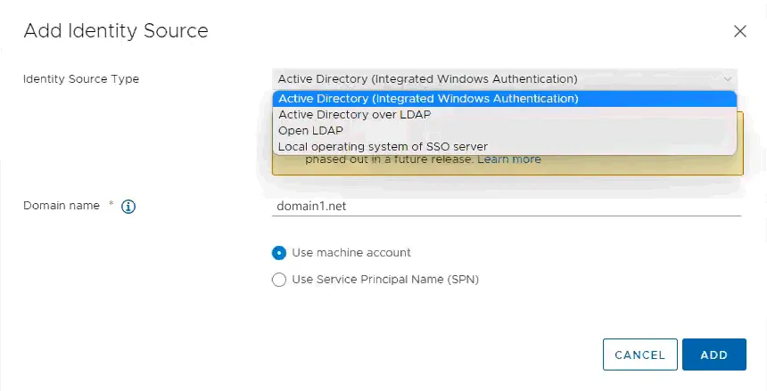 Selección del tipo de fuente de identidad para integrar vCenter con Active Directory