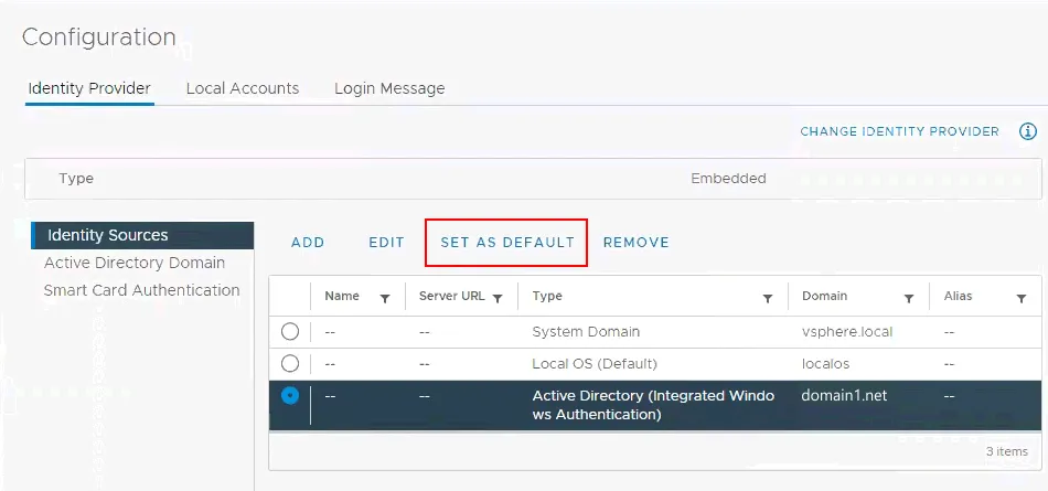 Configuración de la fuente de identidad de Active Directory como identidad predeterminada en vCenter