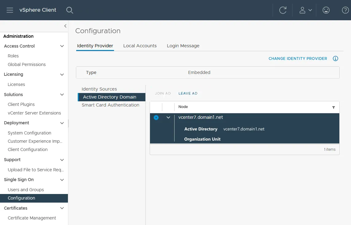 Integración de vCenter AD: vCenter se ha añadido a un dominio