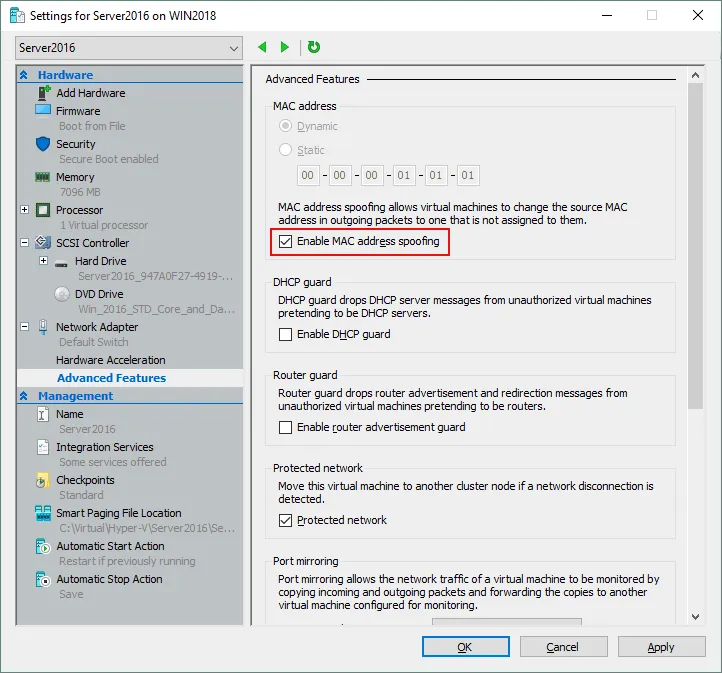 Activación de la suplantación de direcciones MAC para que una máquina virtual utilice la red con la virtualización anidada de Hyper-V