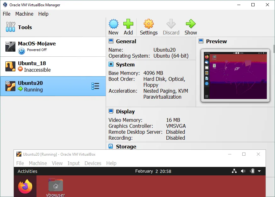 user interface of VirtualBox