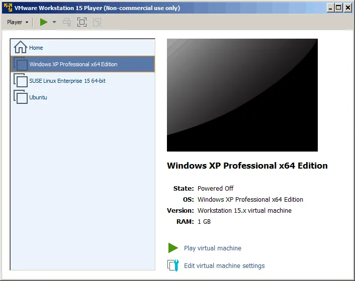 the interface of VMware Player