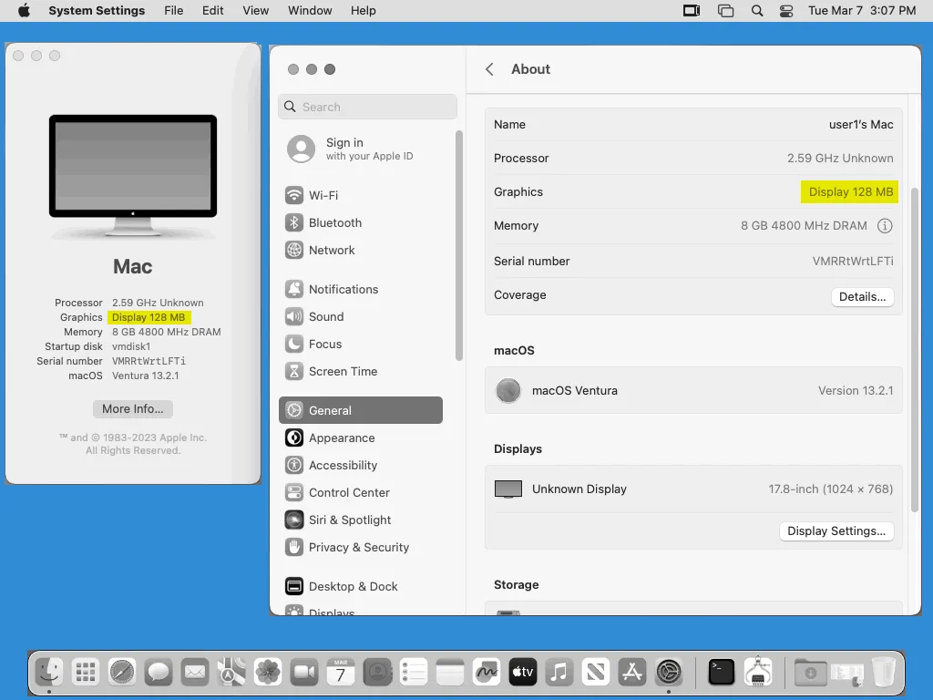 Visualización de la información sobre macOS en VMware VM después de instalar VMware Tools