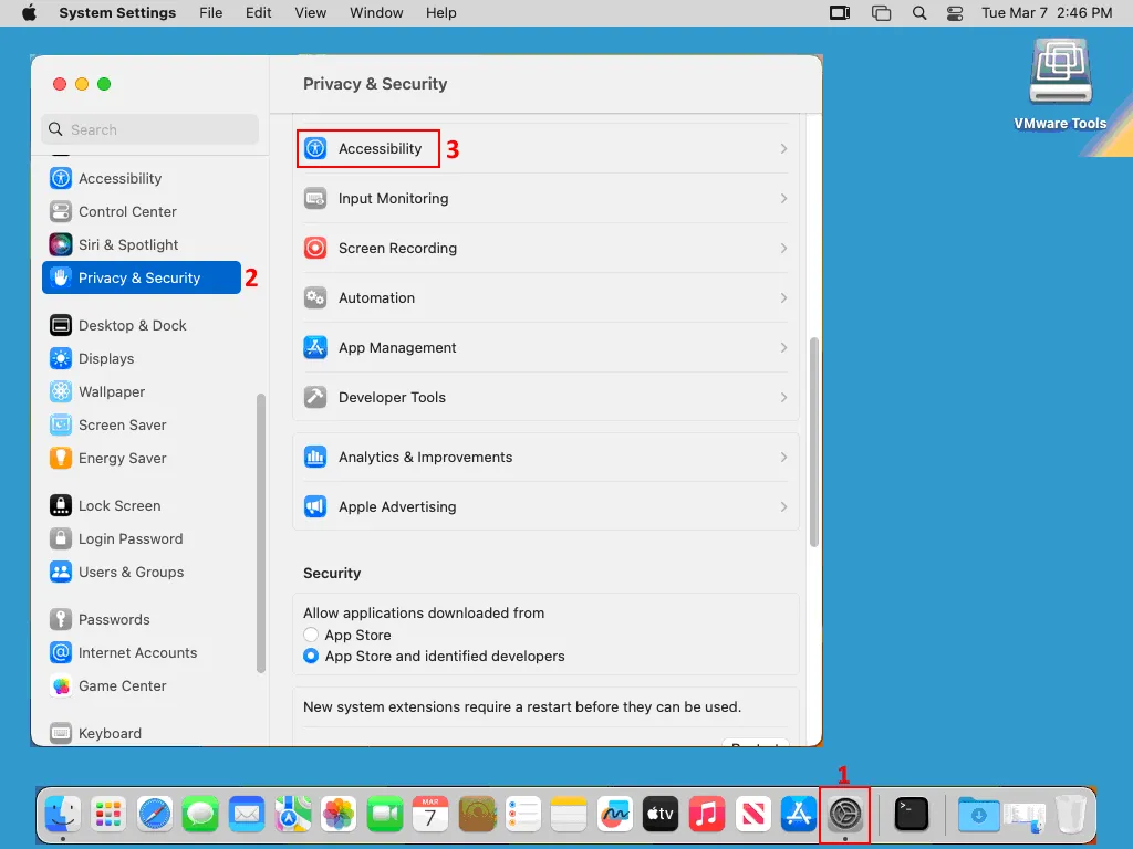 configuración de ajustes de seguridad para VMware Tools