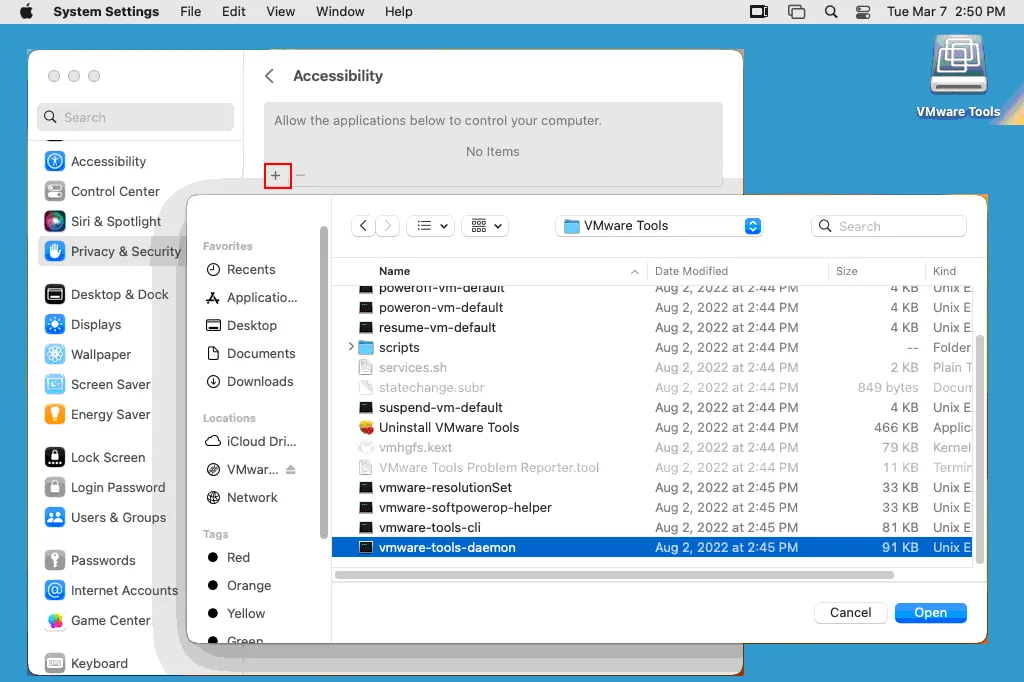 Configuración de vmware-tools-daemon como aplicación permitida en macOS en VMware