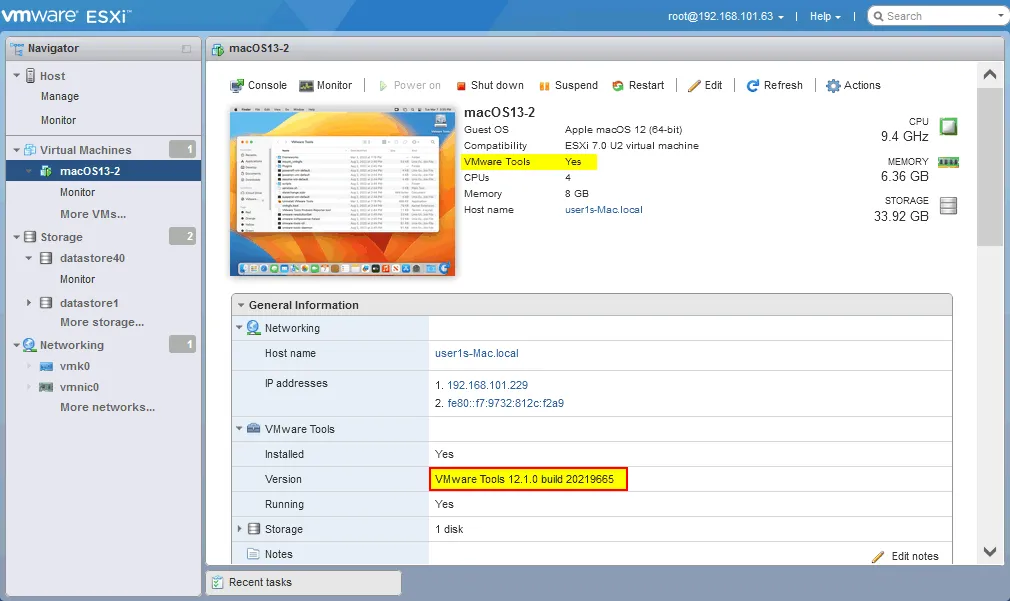 Ejecución de macOS en VMware ESXi con VMware Tools instalado