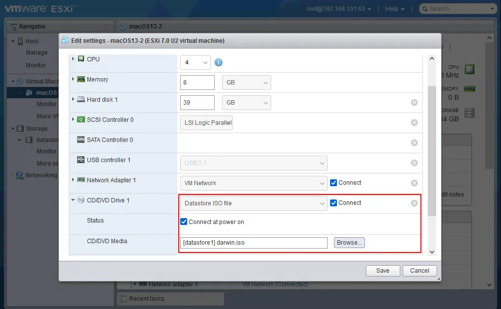 Montaje de la imagen ISO de instalación de VMware Tools en la máquina virtual de macOS