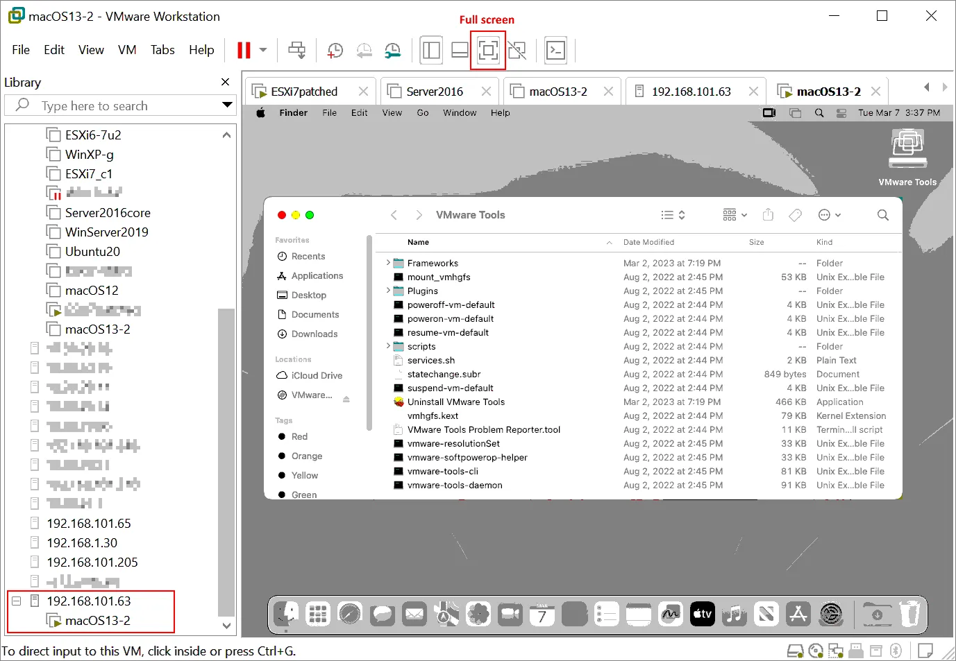 Entrar en el modo de pantalla completa con la resolución Full HD para la VM que ejecuta macOS en VMware ESXi.