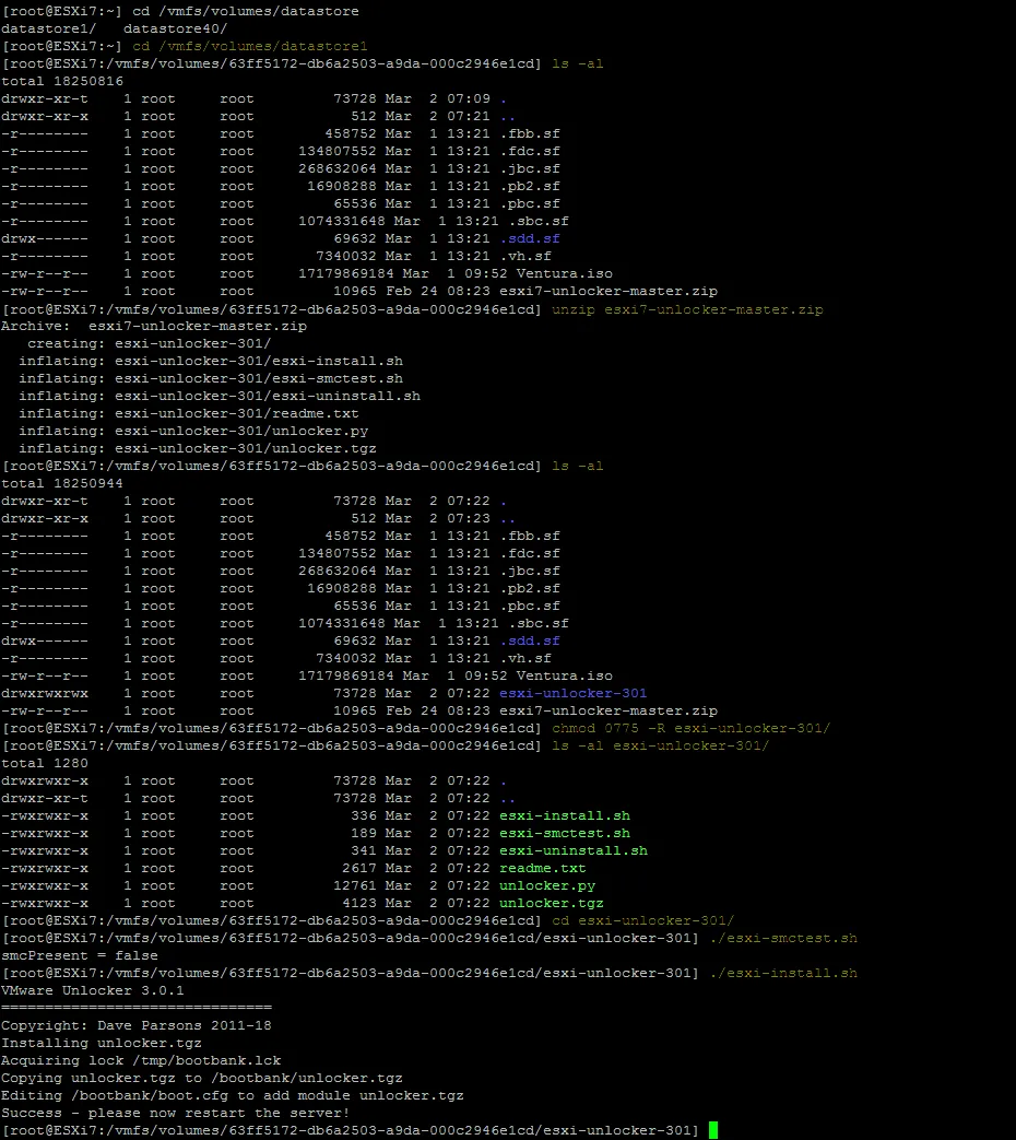 Instalación del parche desbloqueador en ESXi