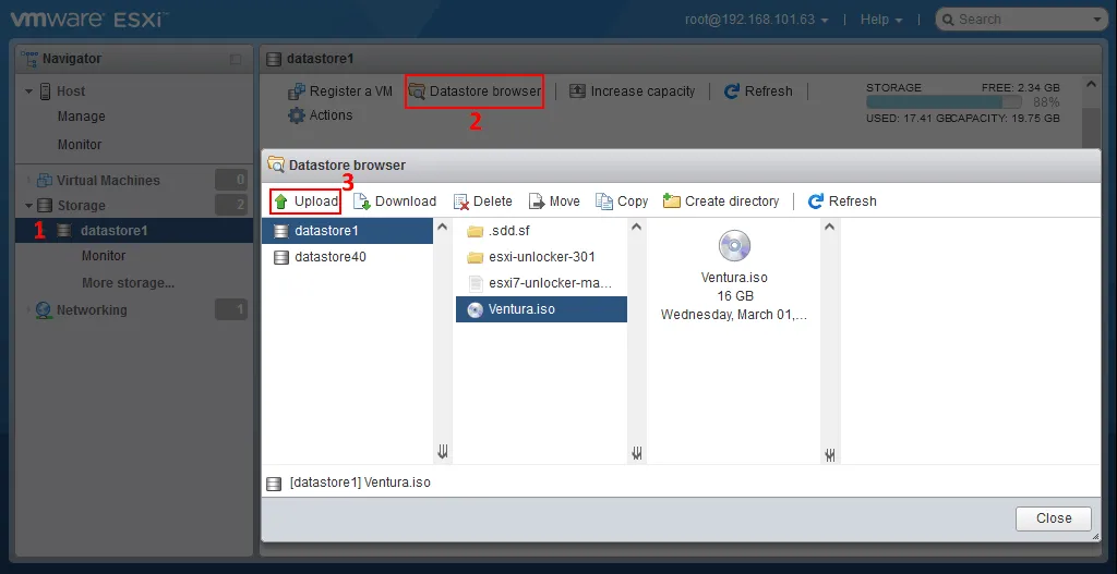 Carga de la imagen de instalación del parche y macOS en el almacén de datos ESXi 