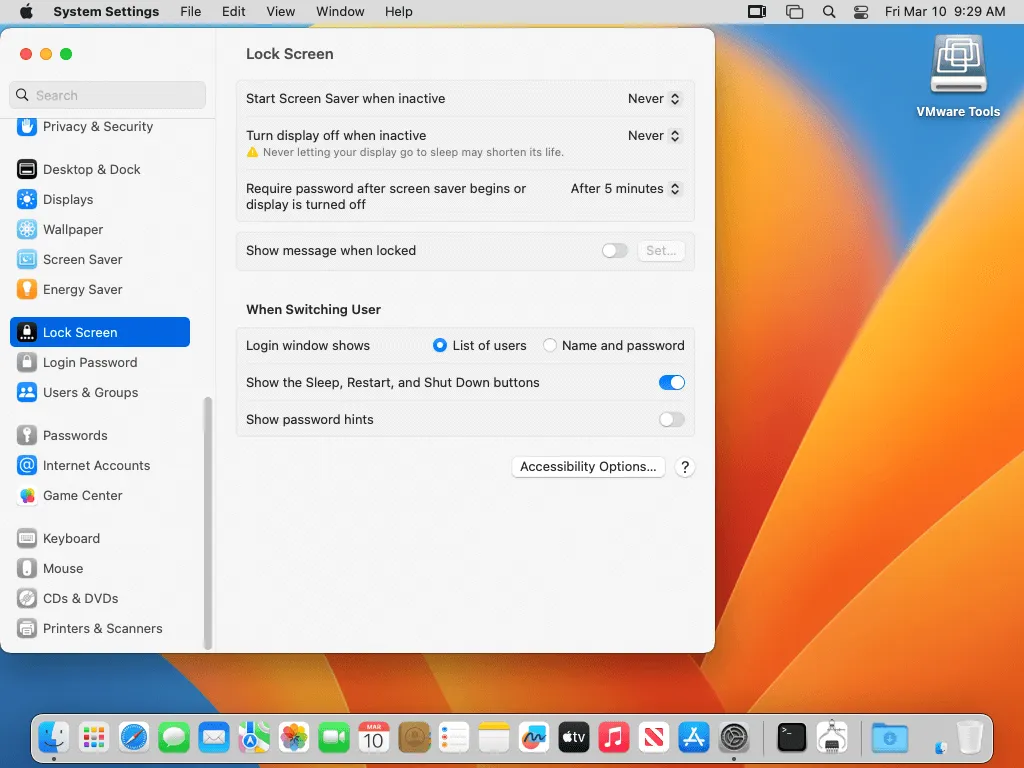 Cómo desactivar la pantalla de bloqueo y el protector de pantalla en macOS en VMware VMs