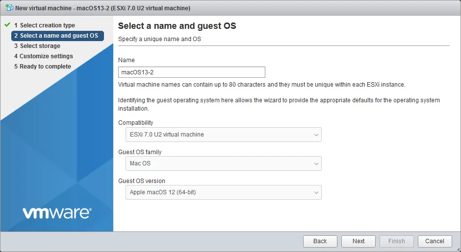 Creación de una máquina virtual para instalar macOS en VMware ESXi