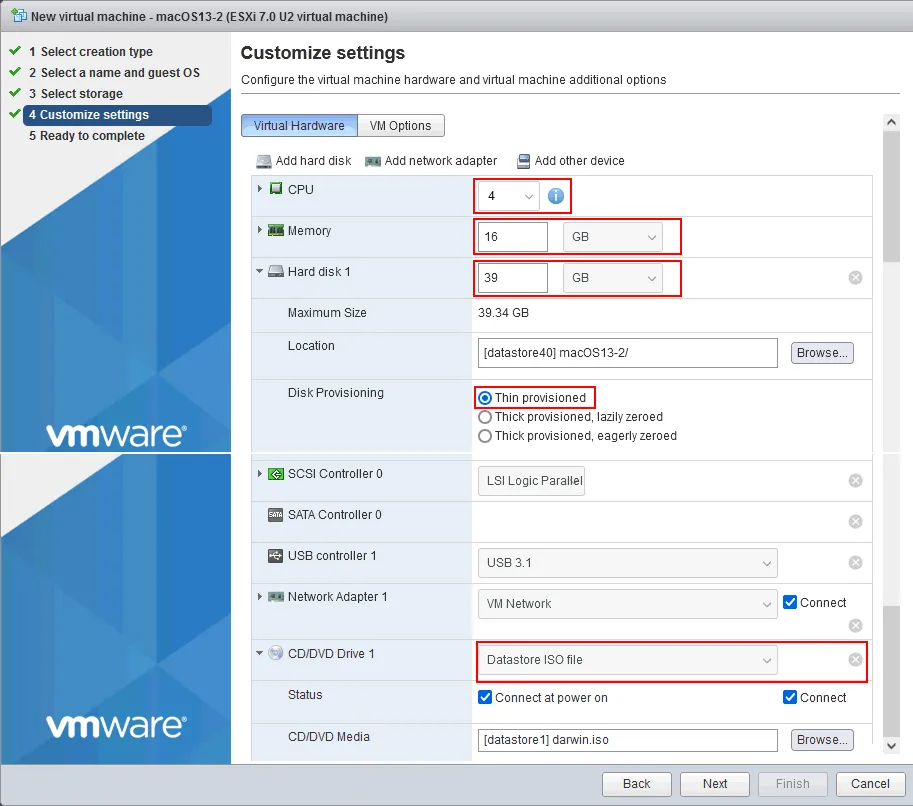 Edición de la nueva configuración de macOS VM y selección de la imagen ISO de instalación