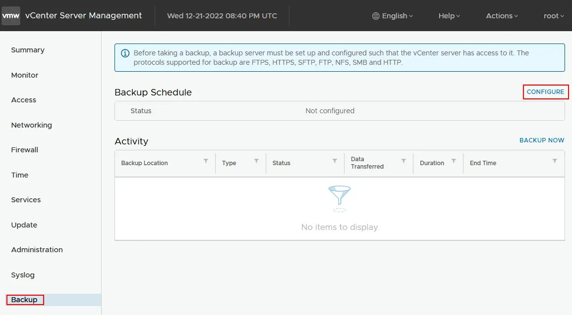 How to back up vCenter appliance 7