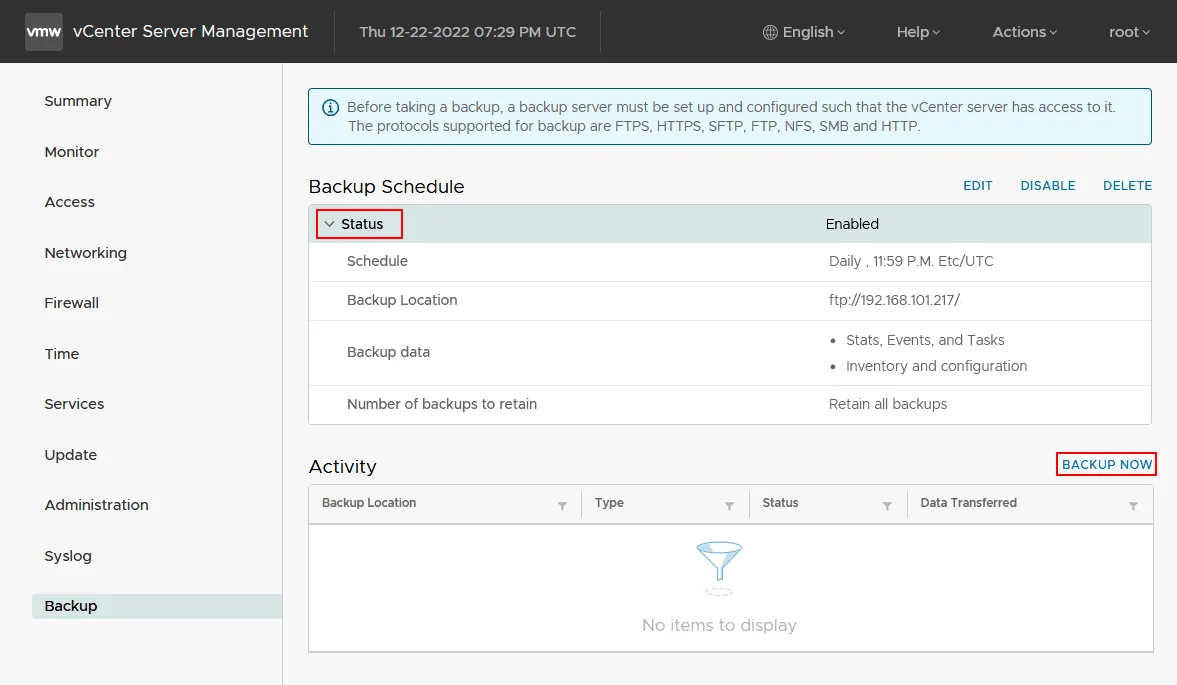 How to back up vCenter now