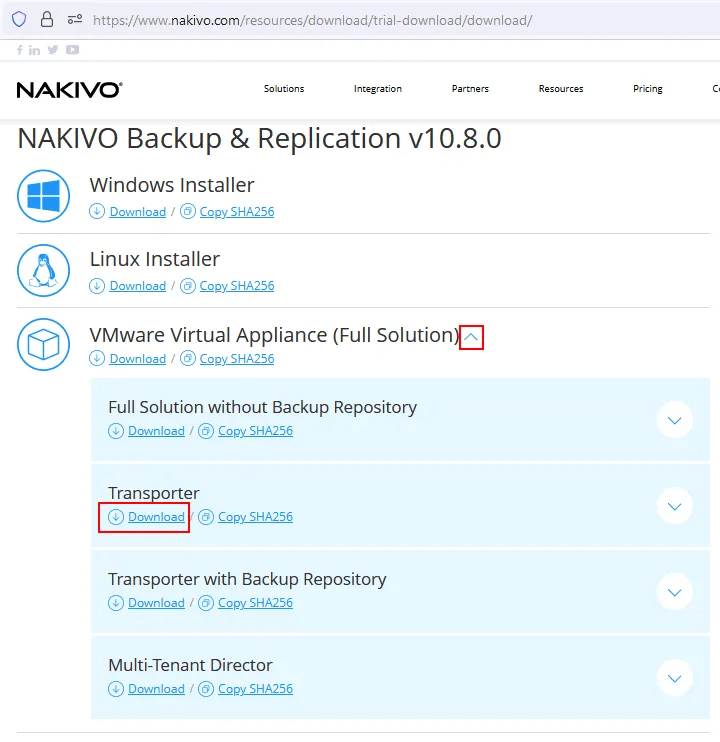 Cómo descargar un appliance virtual VMware con NAKIVO Transporter