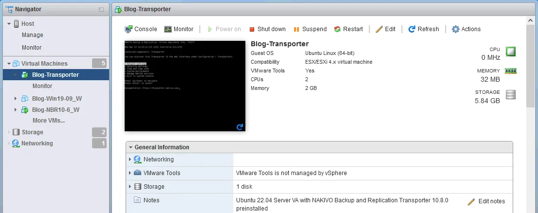 The Transporter VM has been deployed on an ESXi host