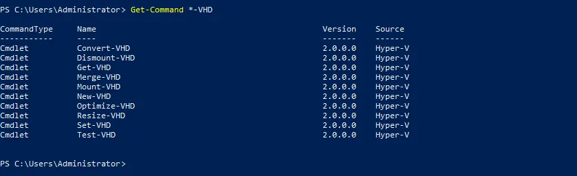 Using the Get-Command cmdlet to display commands to work with VHD