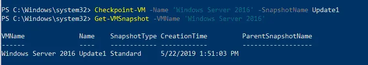 Using the Hyper-V PowerShell commands to create a VM snapshot (checkpoint)