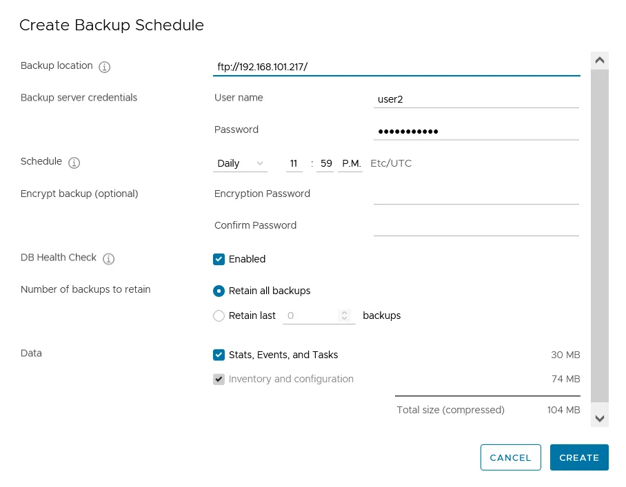 vCenter backup configuration