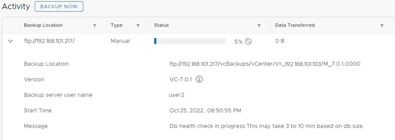 vCenter backup progress
