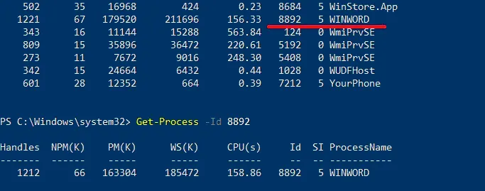 Viewing the ID of the running process on a Hyper-V host