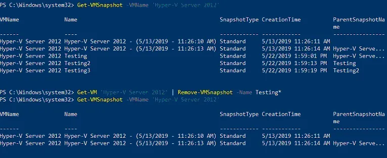 Windows PowerShell commands to delete snapshots for a Hyper-V VM