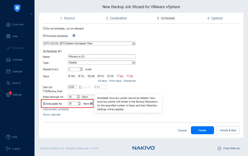 Enabling immutability for a backup stored in a NAKIVO Backup Repository