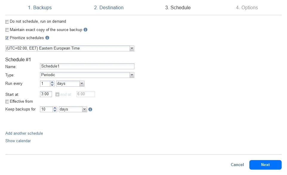 Configuring scheduling and retention for a backup copy job
