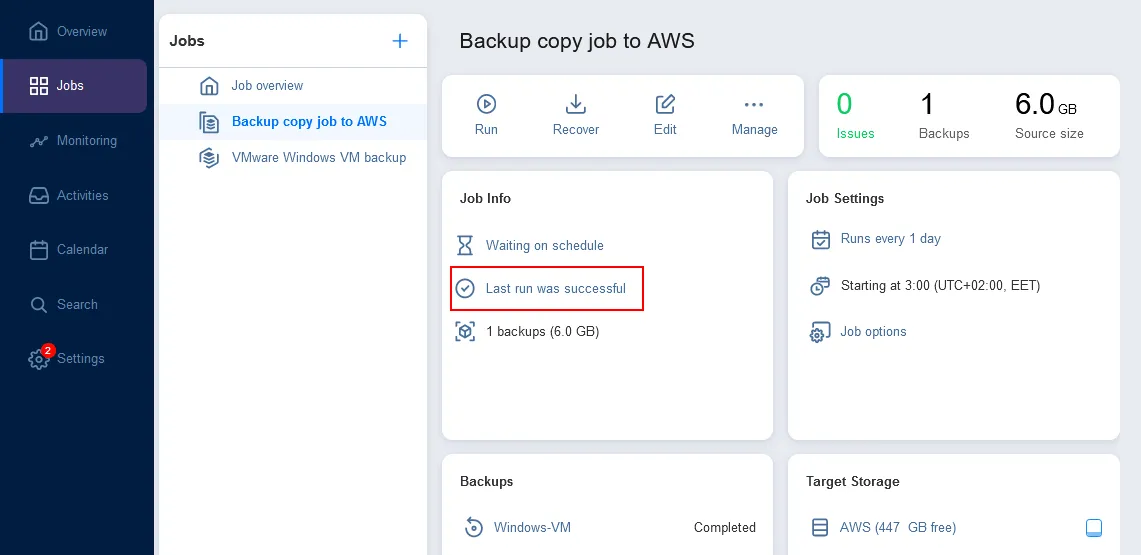 El backup híbrido en la nube se ha configurado correctamente en NAKIVO Backup & Replication
