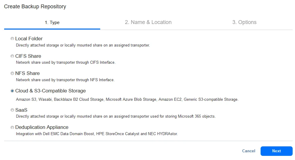 Seleccione la nube & Tipo de almacenamiento compatible con S3