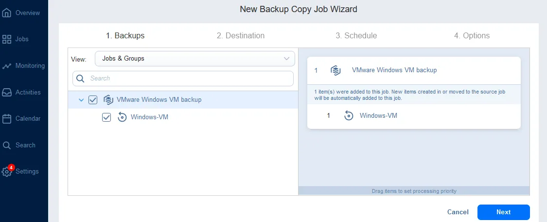 Seleccionar un backup existente para hacer una copia de backups en la nube pública.